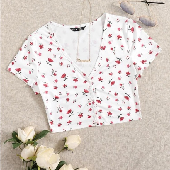 White Button-Up Red Floral Print Crop Top - Picture 1 of 10
